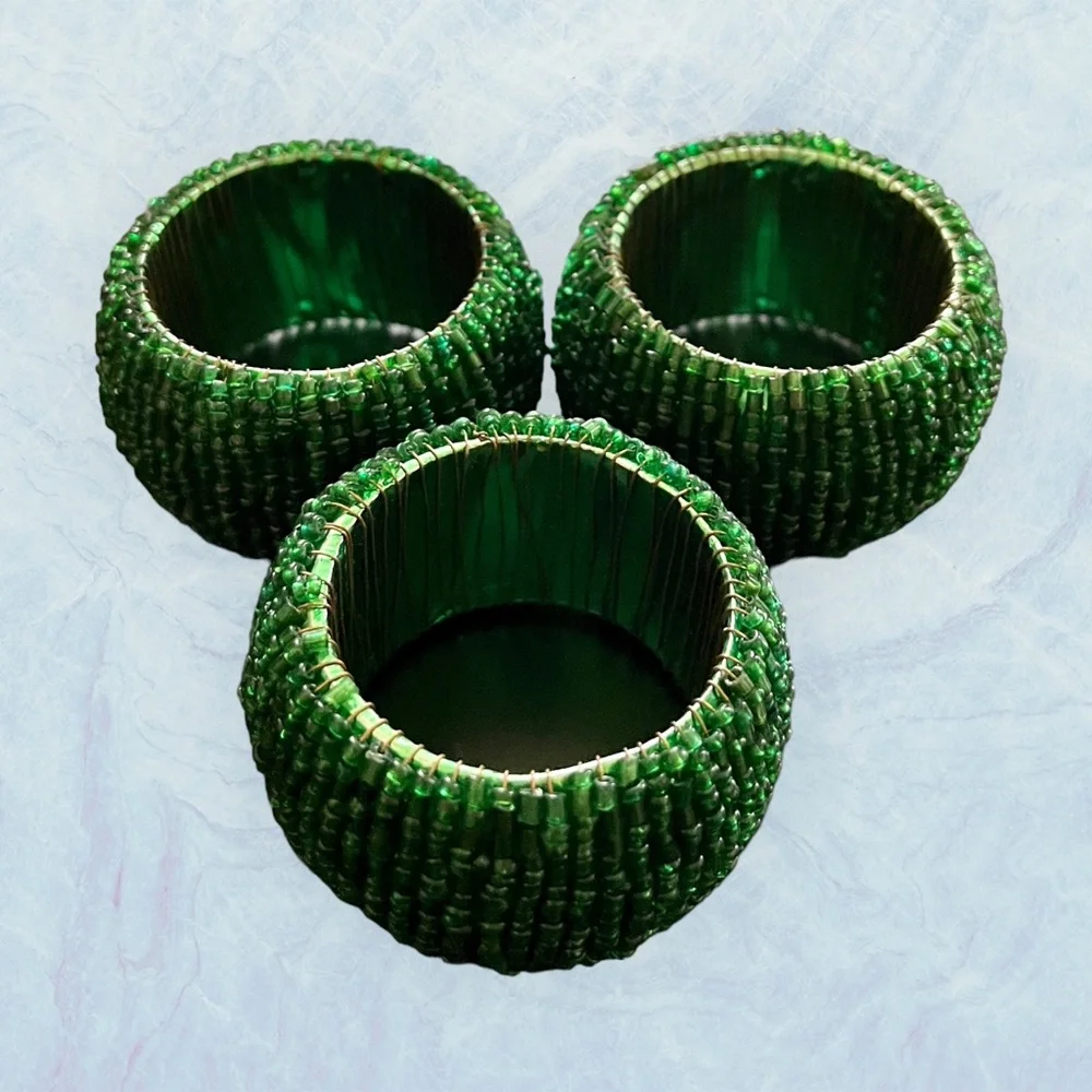 Set of 3 Green Sequin Beaded‎ Napkin Rings